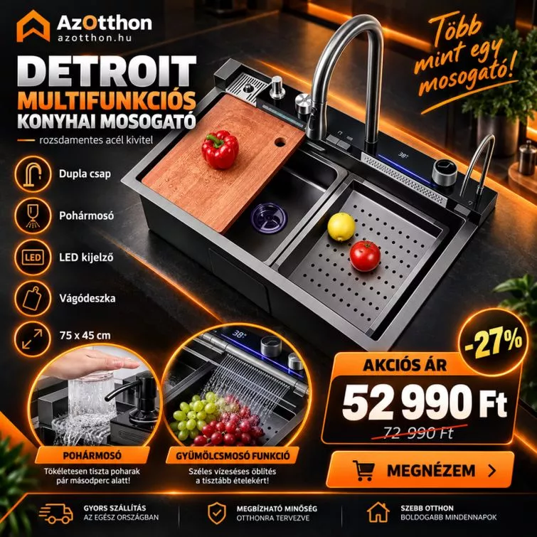 Detroit elegáns rozsdamentes acél multifunkcionális konyhai mosogató dupla csappal, pohármosóval, LED kijelzővel, vágódeszkával - 75 cm x 45 cm