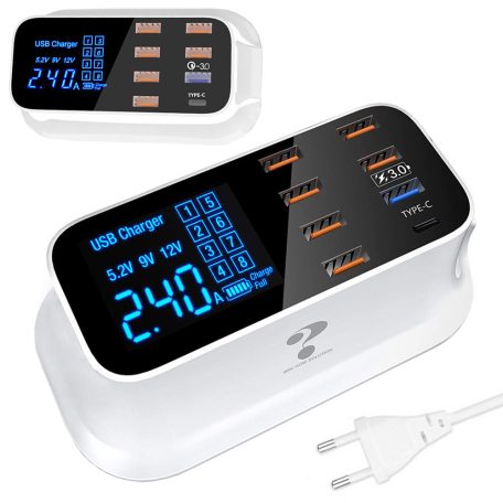 Telefon gyorstöltő 8db USB porttal és LED kijelzővel Quick Charge 3.0 gyorstöltési technológiával - 40W