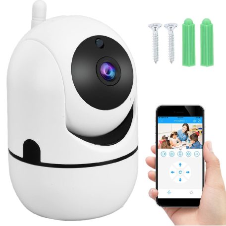 Forgatható mozgásérzékelős WiFi-s beltéri IP kamera éjjellátó és kétirányú audio funkcióval