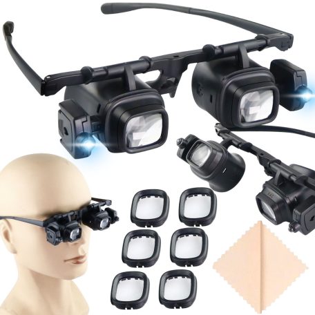 Dupla lencsés nagyítószemüveg beépített LED világítással -  2x 6x 8x 12x 24x nagyítással