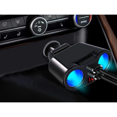 Autós szivargyújtóba szerelhető világító elosztó LCD-s voltmérővel és dupla USB tőltővel