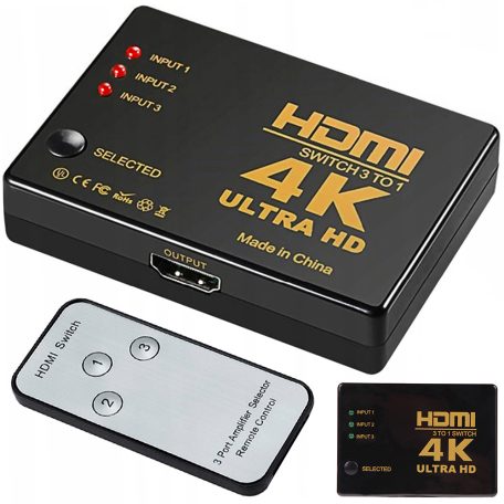 Távirányítós 3 csatornás 4K UHD HDMI elosztó