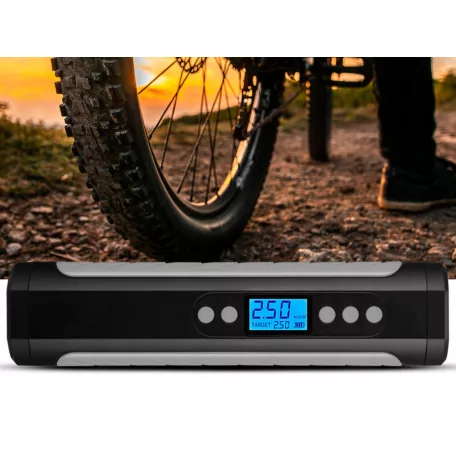 Akkumulátoros autós, motoros és kerékpáros pumpa LCD kijelzővel - 10 bar