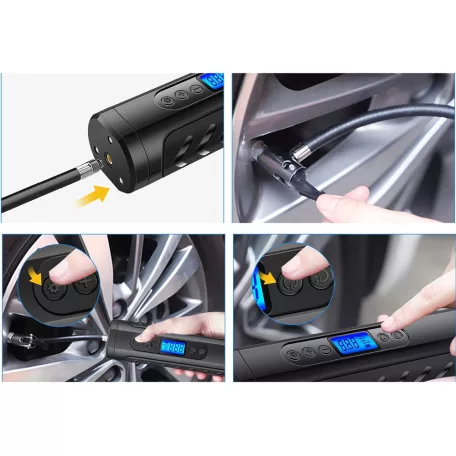 Akkumulátoros autós, motoros és kerékpáros pumpa LCD kijelzővel - 10 bar