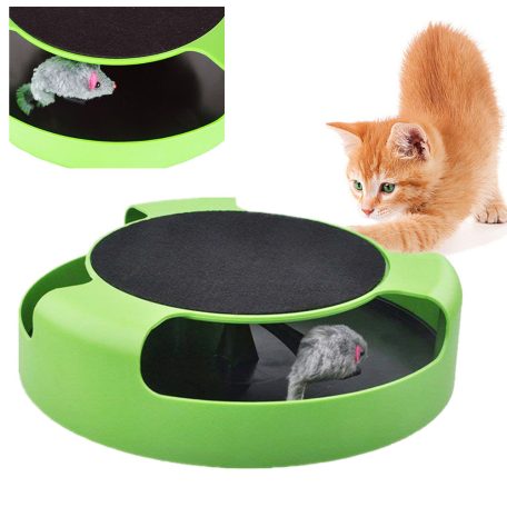 Macska játék mozgó egérrel és kaparó felülettel – 25cm × 6,5 cm – zöld színben