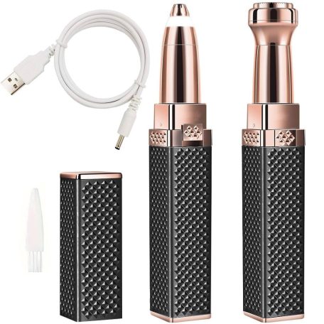 Újratölthető szemöldök epilátor, arctrimmer, női borotva 2 cserélhető fejjel, USB töltés - fekete