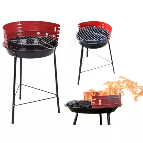 Kerek hordozható kemping grill fekete-piros színben - 32 cm