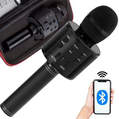 Vezeték nélküli karaoke mikrofon hangszóróval fekete színben praktikus tartóban