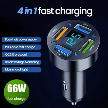 Autós töltő 4 USB-vel (3 x USB 3.1A + 1 x 66 W) USB Quick Charge 3.0 technológiával és akkumulátorfeszültség kijelzővel