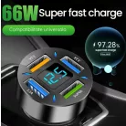 Autós töltő 4 USB-vel (3 x USB 3.1A + 1 x 66 W) USB Quick Charge 3.0 technológiával és akkumulátorfeszültség kijelzővel