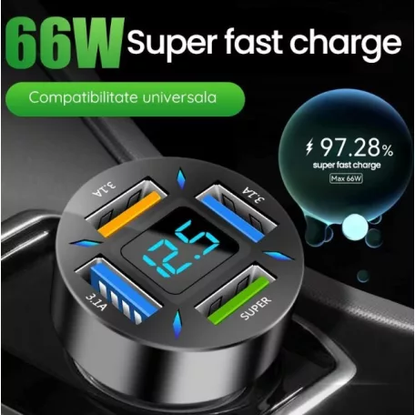 Autós töltő 4 USB-vel (3 x USB 3.1A + 1 x 66 W) USB Quick Charge 3.0 technológiával és akkumulátorfeszültség kijelzővel