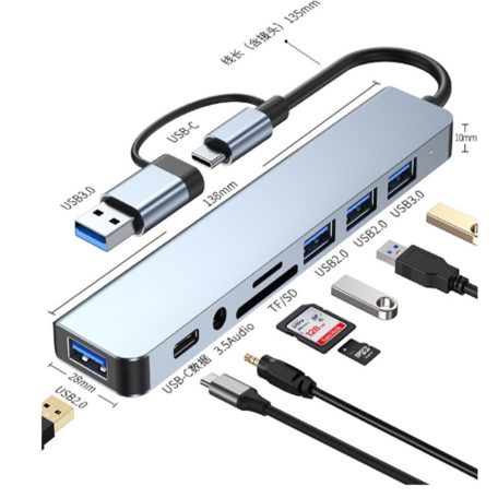 8 portos USB HUB - 3xUSB-A 2.0 1xUSB-A 3.0 1xUSB-C 3.1 1xSD 1xmicroSD 1xAudio