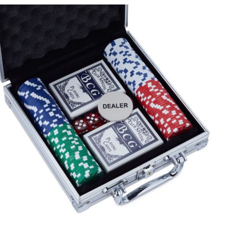 Pókerkészlet, 100 zsetonnal, 2 pakli kártyával fém kofferben