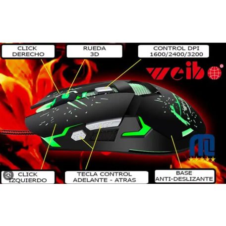 Weibo S10 gamer optikai 6 gombos egér LED-ekkel - 3200 dpi