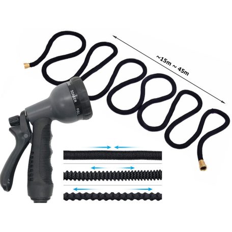 45 méteres csavarodásmentes locsolócső locsolófejjel fekete színben