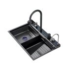 Elegáns rozsdamentes acél multifunkcionális konyhai mosogató dupla csappal, pohármosóval, LED kijelzővel, vágódeszkával