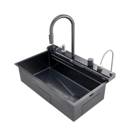 Elegáns rozsdamentes acél multifunkcionális konyhai mosogató dupla csappal, pohármosóval, LED kijelzővel, vágódeszkával