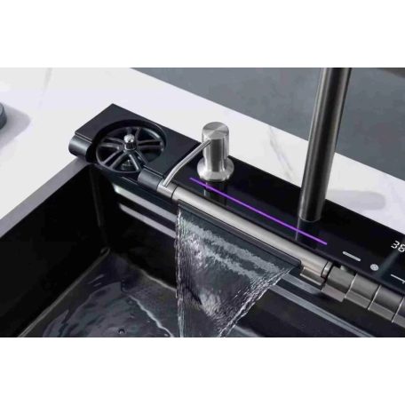 Elegáns rozsdamentes acél multifunkcionális konyhai mosogató dupla csappal, pohármosóval, LED kijelzővel, vágódeszkával