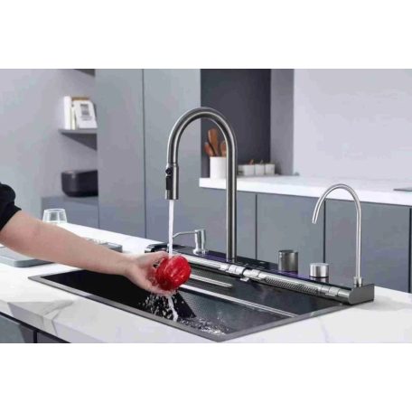 Elegáns rozsdamentes acél multifunkcionális konyhai mosogató dupla csappal, pohármosóval, LED kijelzővel, vágódeszkával