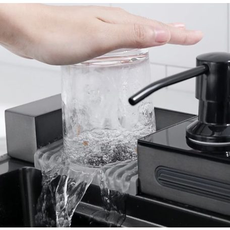 Detroit elegáns rozsdamentes acél multifunkcionális konyhai mosogató dupla csappal, pohármosóval, LED kijelzővel, vágódeszkával - 75 cm x 45 cm