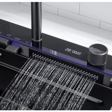 Detroit elegáns rozsdamentes acél multifunkcionális konyhai mosogató dupla csappal, pohármosóval, LED kijelzővel, vágódeszkával - 75 cm x 45 cm