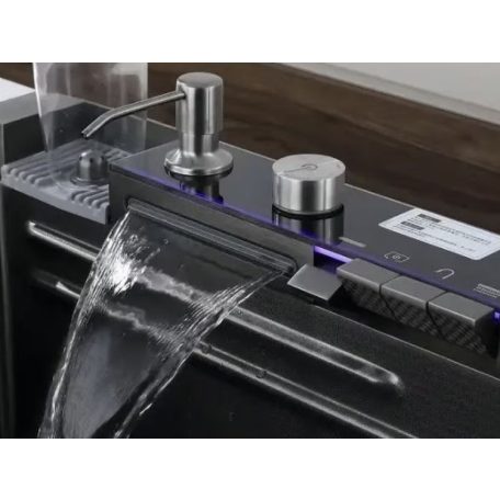 Detroit elegáns rozsdamentes acél multifunkcionális konyhai mosogató dupla csappal, pohármosóval, LED kijelzővel, vágódeszkával - 75 cm x 45 cm