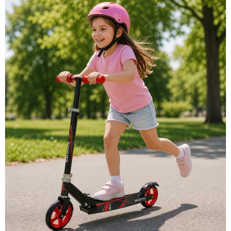 Összecsukható roller piros-fekete színben - állítható magasság, hátsó kerékfékrendszer, szilikon kerekek
