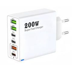   200W fehér hálózati gyorstöltő 3 x USB-C, 2 x USB-A, iPhone, Huawei, Samsung, Xiaomi