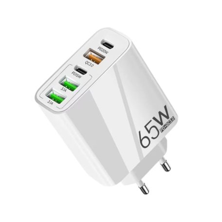 65W fehér hálózati töltő 2 x USB-C, 3 x USB-A, gyorstöltés, iPhone, Huawei, Samsung, Xiaomi