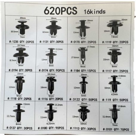 620 db-os autókapcsos készlet, műanyag, univerzális, 16 különböző modell, fekete