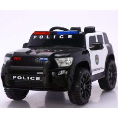   Elektromos rendőrautó dupla motorral és dupla akkumulátorral fekete-fehér színben szülői távirányítóval bőr üléssel