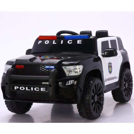 Elektromos rendőrautó dupla motorral és dupla akkumulátorral fekete-fehér színben szülői távirányítóval bőr üléssel