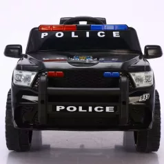   Elektromos rendőrautó dupla motorral és dupla akkumulátorral fekete-fehér színben szülői távirányítóval bőr üléssel