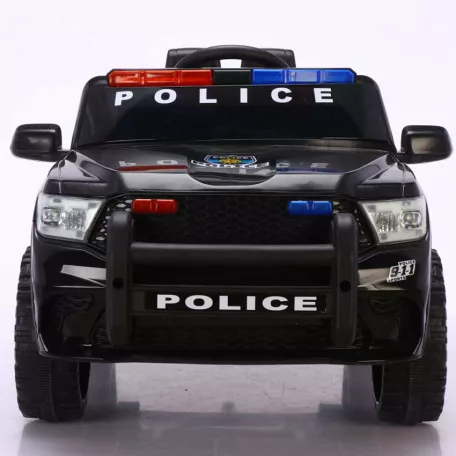 Elektromos rendőrautó dupla motorral és dupla akkumulátorral fekete-fehér színben szülői távirányítóval bőr üléssel